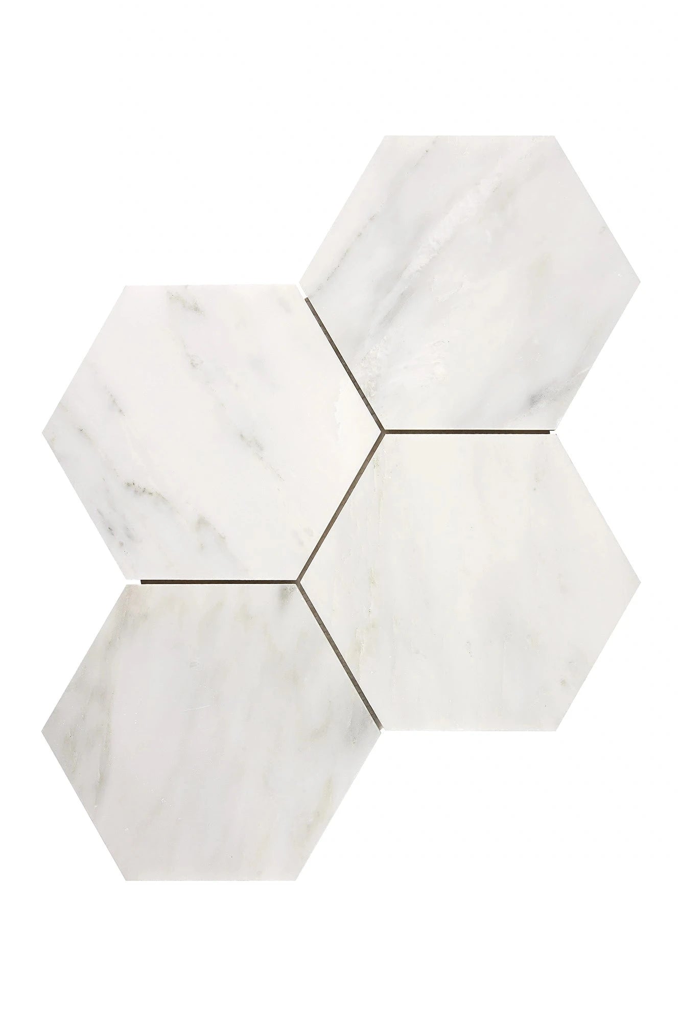 Oriental White 6-inch hexagon marble mosaic in polished or honed finish.