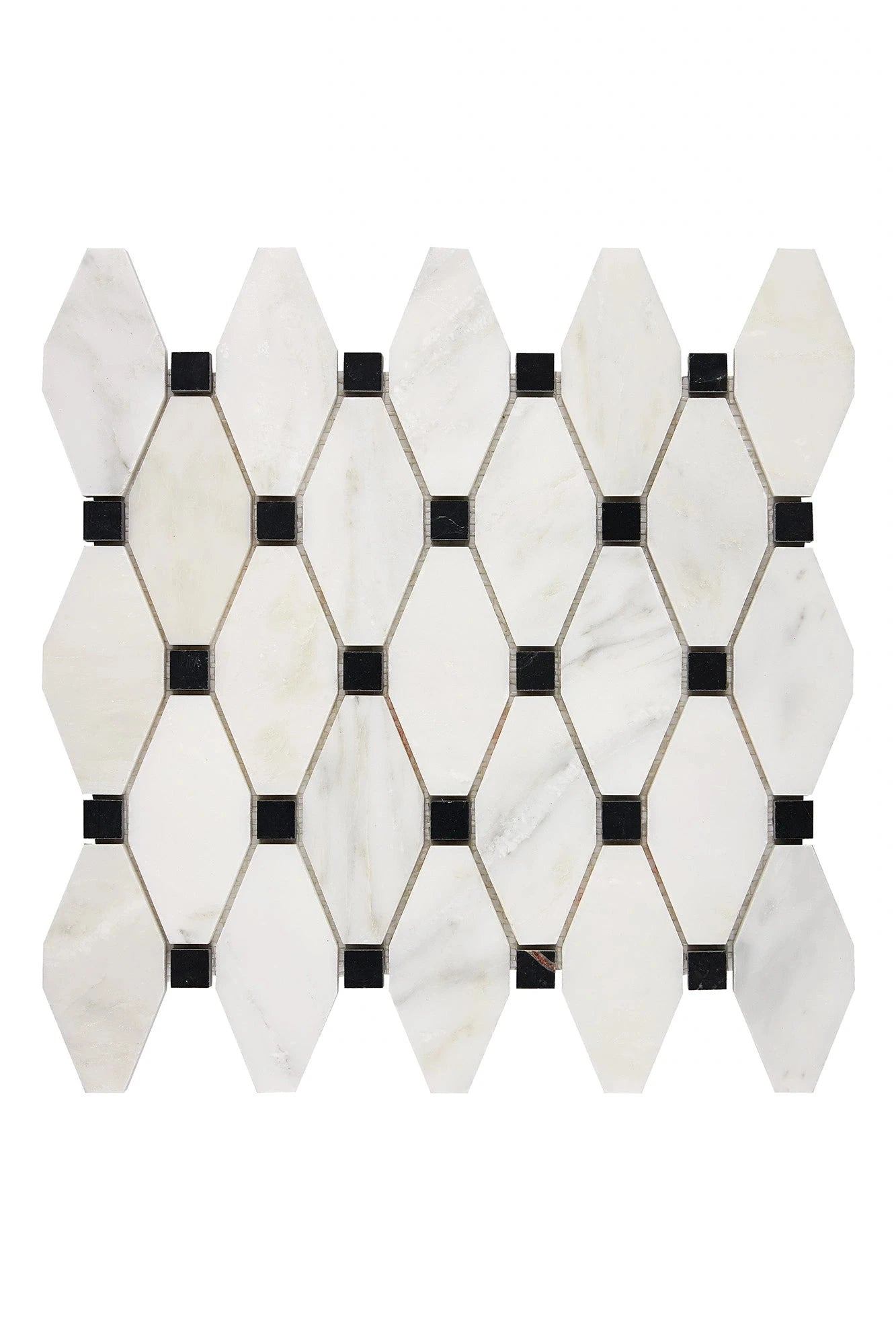 Oriental White elongated hexagon mosaic with black dots in polished or honed finish.
