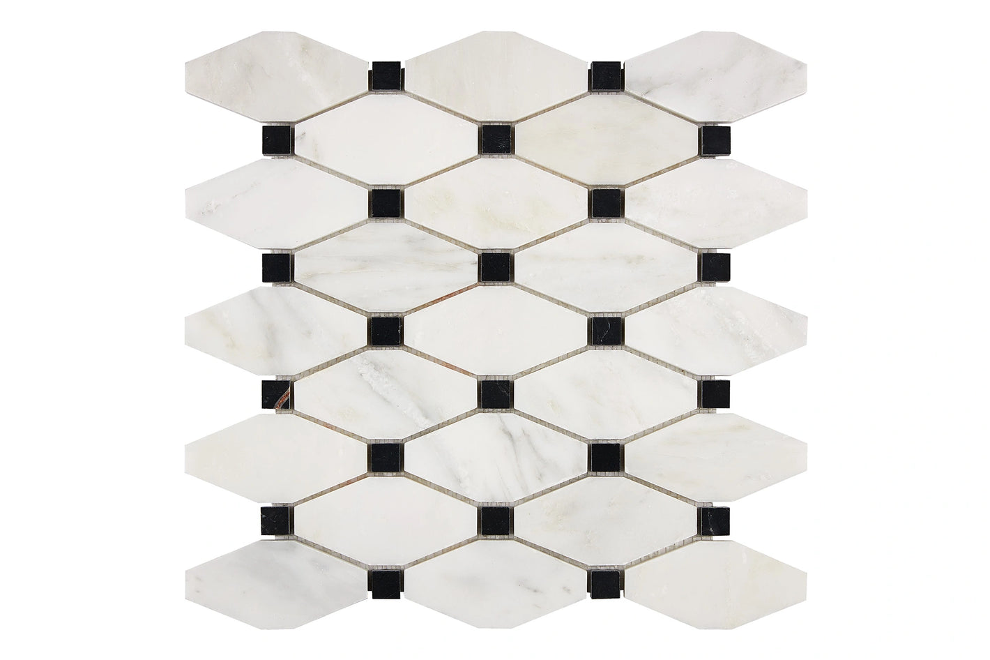 Oriental White Marble Elongated Hexagon Black Mosaic