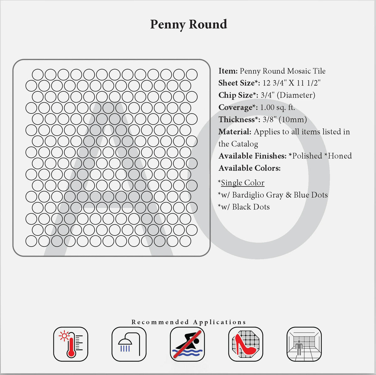 Generic penny round mosaic specification reference; exact Calacatta Gold stone is not confirmed.