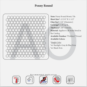 Spec sheet of Penny Round Mosaic in honed or polished finish.