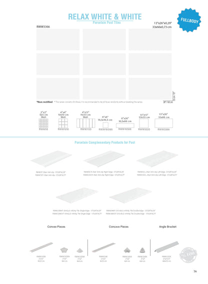 SeraPool Relax White & White full-body porcelain pool tile field series sheet with 13x26 field tile, mosaics, and coordinated pool trim pieces.
