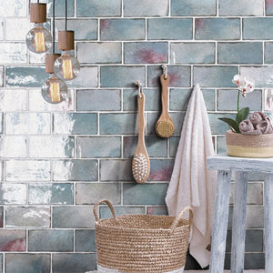 Retro Revival Sapphire Glow 3×6 ceramic wall tile installed in a bathroom.