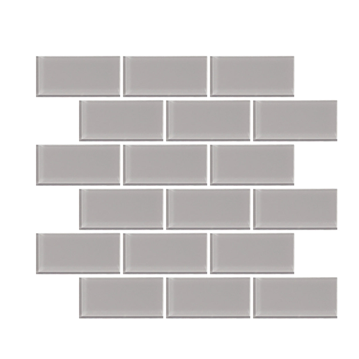 Ash Gray 2x4 glass mosaic tile, offering a sleek and modern touch to a bathroom wall