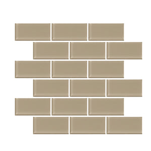 Radiant Surfaces Desert Sand glossy glass 2×4 brick-joint mosaic sheet.