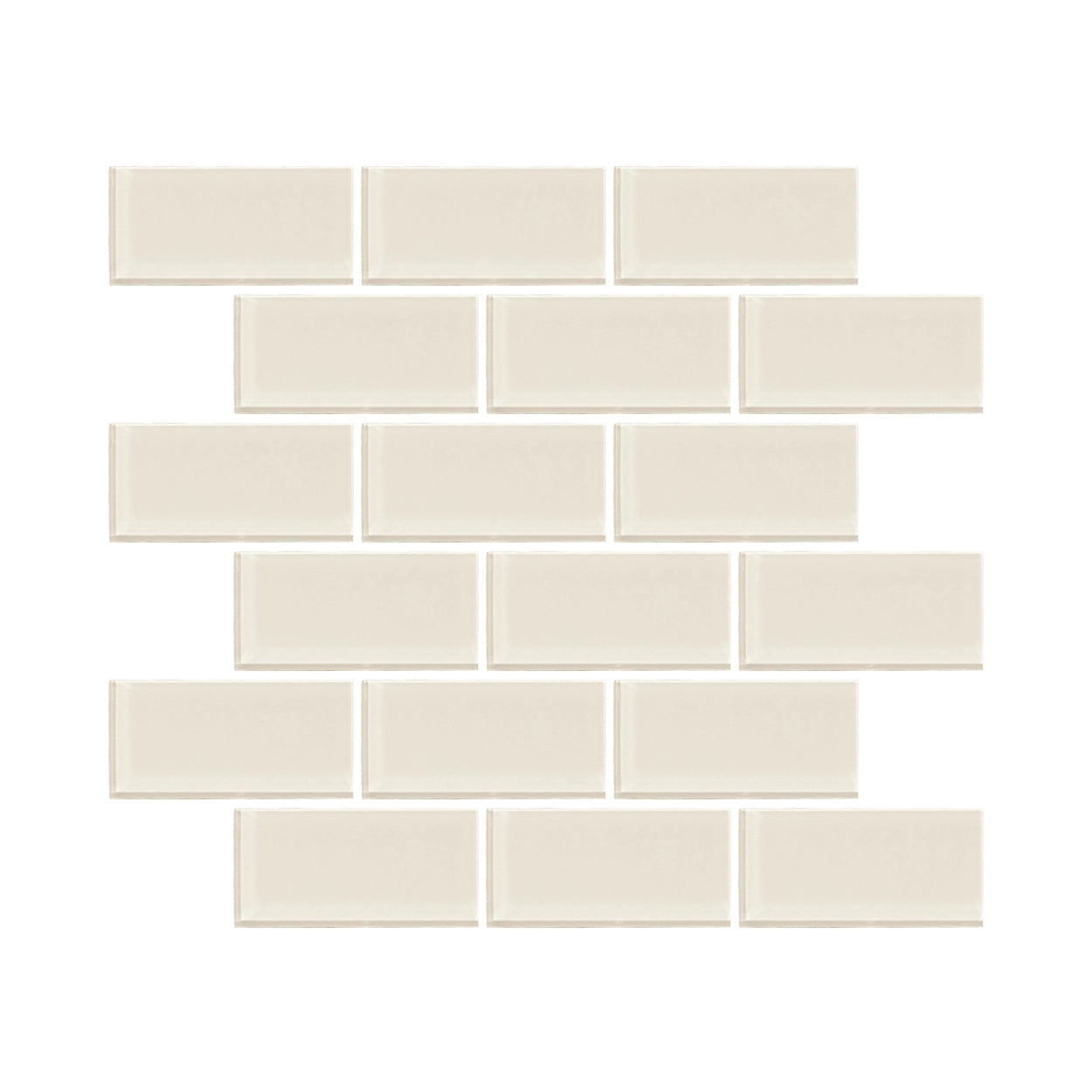 Ivory Satin 2x4 glass mosaic tile from the Radiant Surfaces Collection, creating a warm and elegant backsplash.