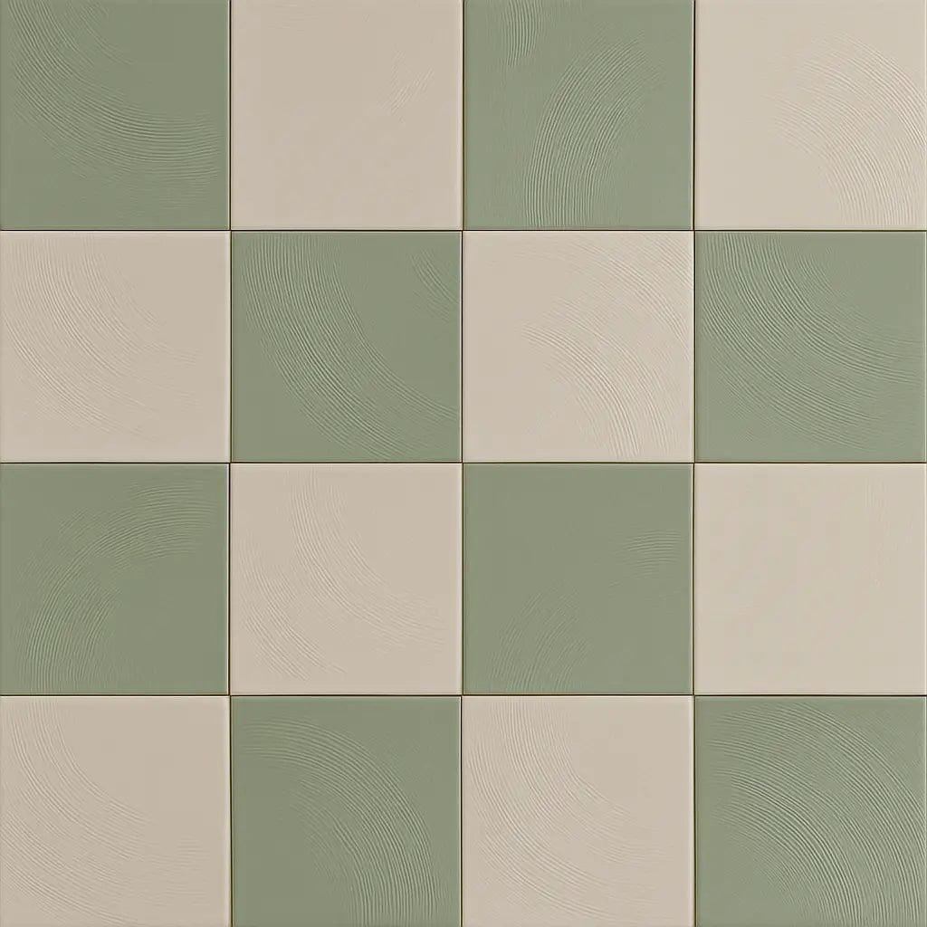 Sage and sand checkerboard porcelain tile pattern – flat view