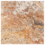 Scabos Travertine 12x12 Tile – Honed/filled finish, vibrant gold and red tones, ideal for walls, floors, and modern interiors.