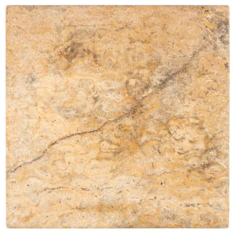 Scabos Travertine 12x12 Tile – Tumbled finish, natural gold and brown hues, perfect for rustic floors, walls, and outdoor spaces.