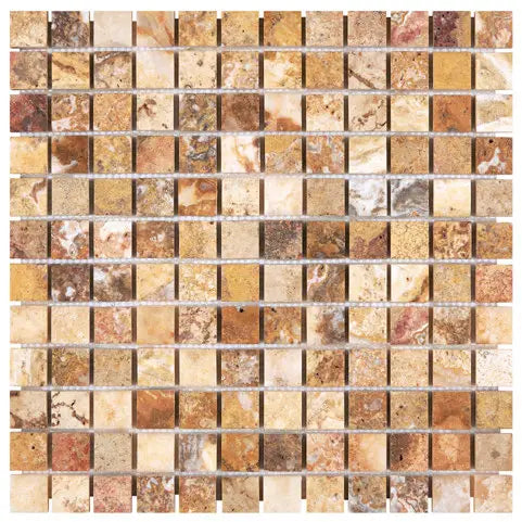 Scabos Travertine 1x1 Mosaic Tile – Polished finish, vibrant gold, red, and brown tones, ideal for modern walls and backsplashes.