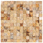 Scabos Travertine 1x1 Mosaic Tile – Split-face finish, bold gold and red tones, great for textured walls and outdoor designs.