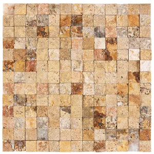 Scabos Travertine 1×1 split-face mosaic with dimensional gold, rust, and brown texture.