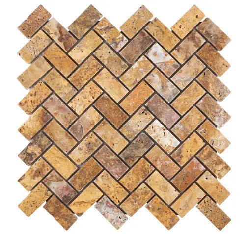 Scabos Travertine 1x2 Herringbone Mosaic Tile – Tumbled finish, bold gold, red, and brown tones, perfect for walls, backsplashes, and shower accents.