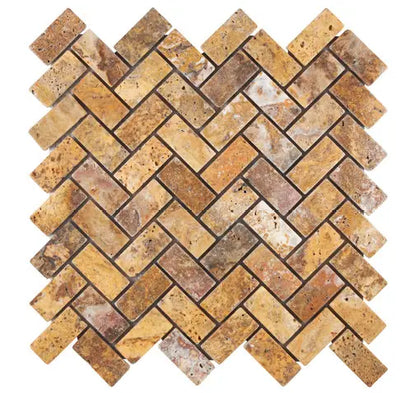 Scabos Travertine 1x2 Herringbone Mosaic Tile – Tumbled finish, bold gold, red, and brown tones, perfect for walls, backsplashes, and shower accents.