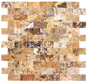 Scabos Travertine 1x2 Mosaic Tile – Split-face finish, vibrant gold and red tones, perfect for textured walls and outdoor accents.