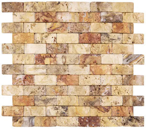 Scabos Travertine 1x2 Mosaic Tile – Tumbled finish, warm gold and brown tones, ideal for rustic walls and backsplashes.