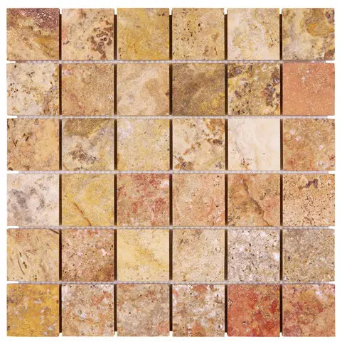 Scabos Travertine 2x2 Mosaic Tile – Polished finish, vibrant gold and red tones, perfect for walls, backsplashes, and modern interiors.