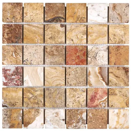 Scabos Travertine 2×2 tumbled mosaic with rustic gold, red, and brown texture.