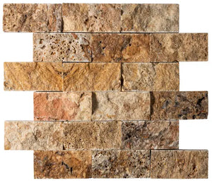 Scabos Travertine 2×4 split-face mosaic with dimensional multicolor texture.