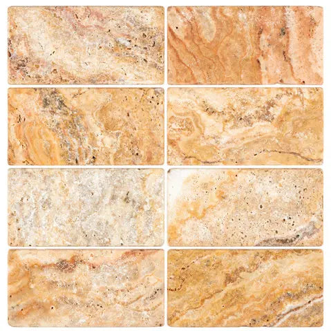 Scabos Travertine Subway Tile – Tumbled finish, 3”x6”, vibrant gold, red, and brown tones, perfect for walls and backsplashes.