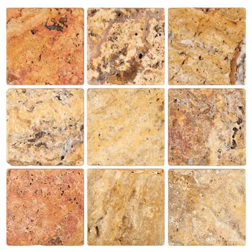 Scabos Travertine 4×4 tumbled tile with rustic multicolor natural-stone texture.
