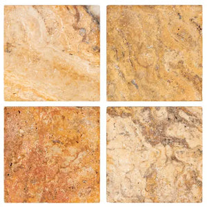 Scabos Travertine 6×6 tumbled tile with vivid gold, red, cream, and brown movement.