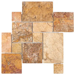 Scabos Travertine Mini Versailles Mosaic – Tumbled finish, interlocking pattern, bold gold and red tones, ideal for seamless walls and floors.