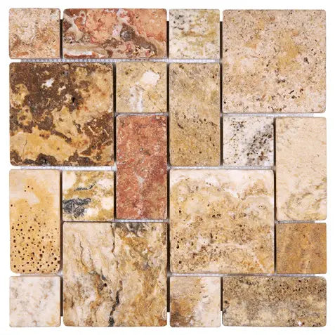 Scabos Travertine Mini Versailles Mosaic – Tumbled finish, non-interlocking, vibrant gold and brown hues, perfect for custom layouts.