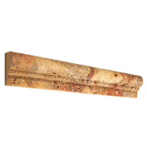 Scabos Travertine Ogee Liner (Chair Rail) – Tumbled finish, vibrant gold, red, and brown tones, ideal for decorative wall trims and chair rail designs.