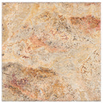 Scabos Travertine 18x18 Tile – Honed/filled finish, bold gold and red tones, ideal for walls, floors, and modern interiors.