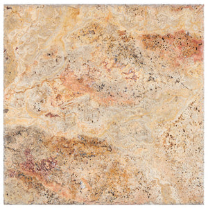 Scabos Travertine 18x18 Tile – Honed/filled finish, bold gold and red tones, ideal for walls, floors, and modern interiors.