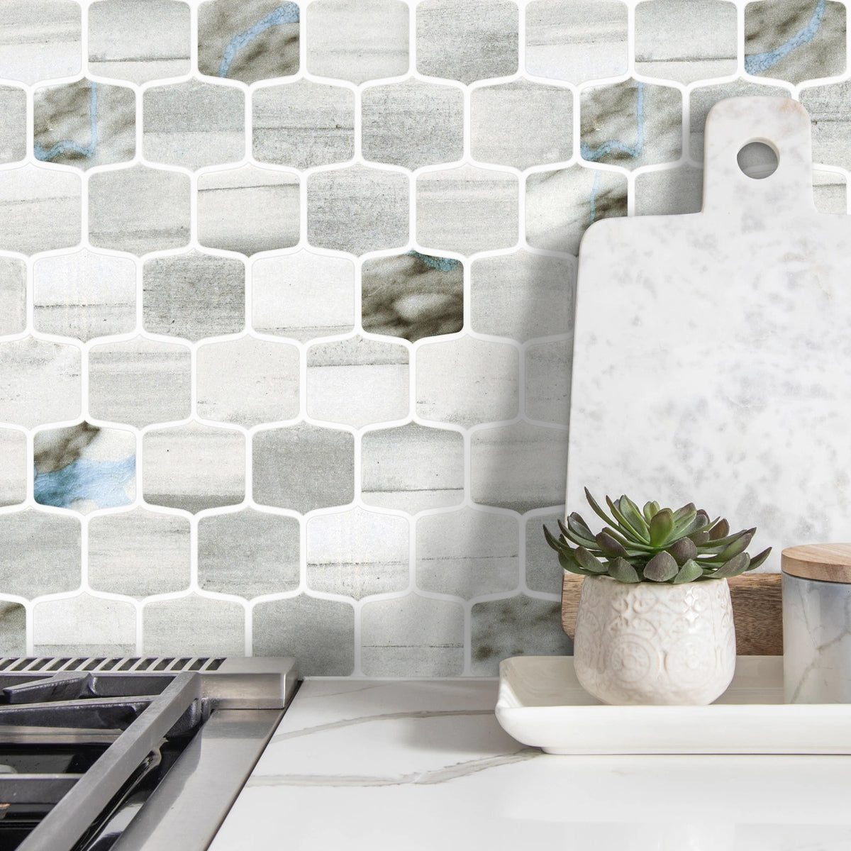 Seascape Pacific Horizon glass lantern mosaic on a kitchen backsplash.