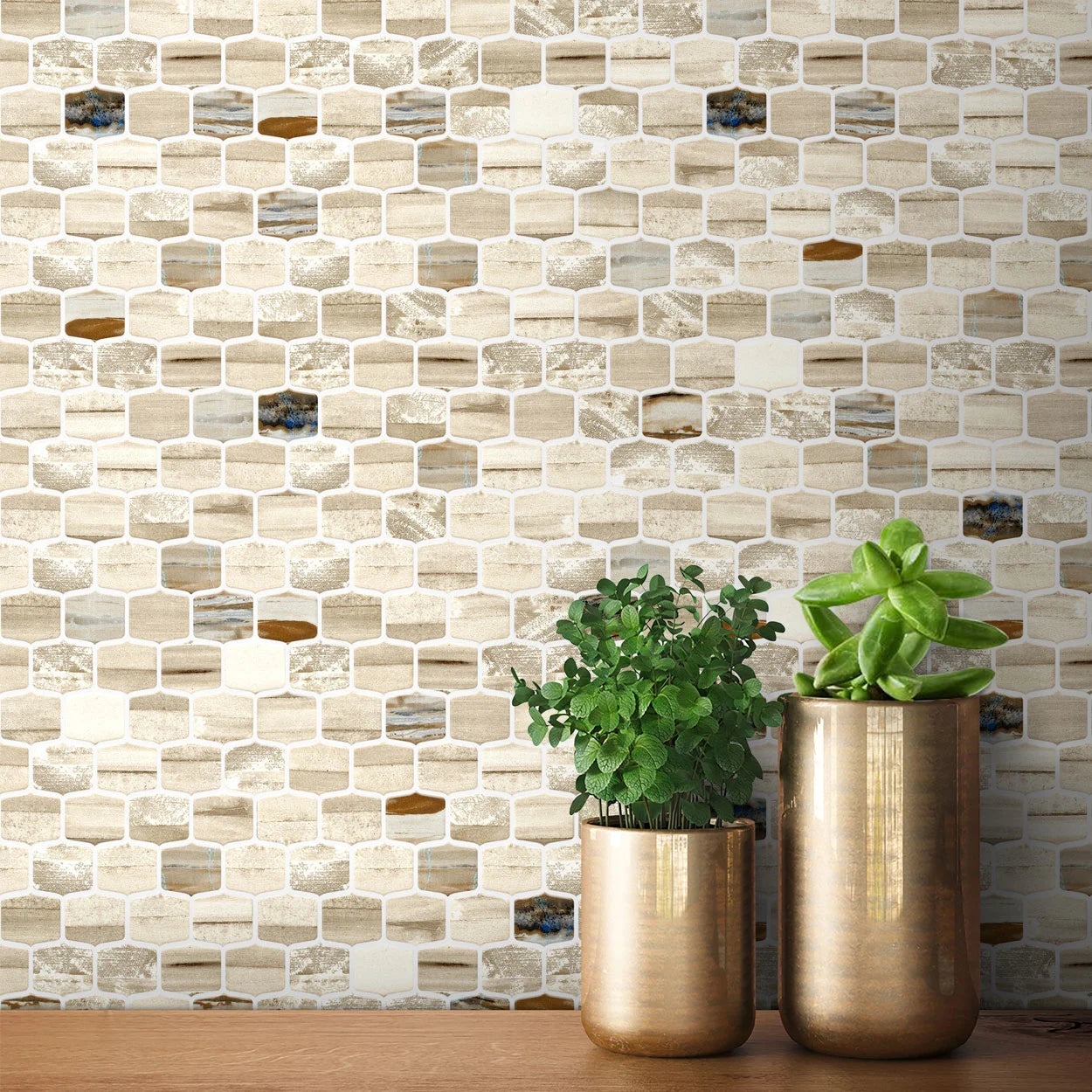 Sunset Coral lantern mosaic tile installed in a modern kitchen backsplash.