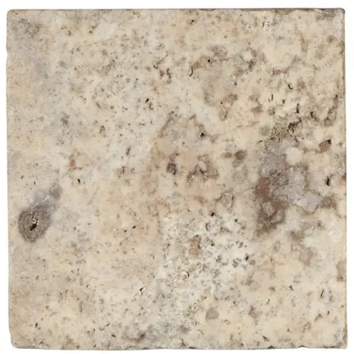 Silver Travertine 12×12 tumbled tile with softened edges and silver-beige variation.