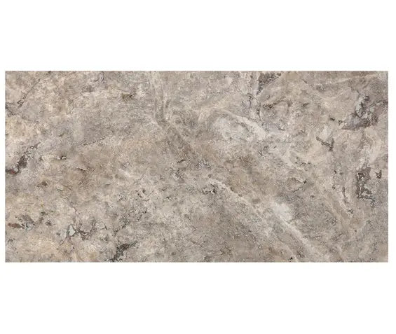 Silver Travertine 12x24 Tile – Cross Cut, honed/filled finish, silver-gray tones, ideal for floors, walls, and showers with a uniform aesthetic.