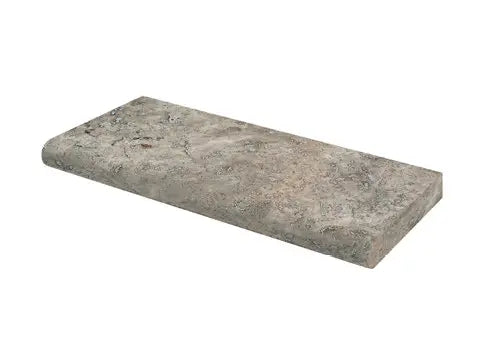 Silver Travertine Pool Coping – Tumbled finish, silver-gray tones, available in 12”x24”x1 1/4”  perfect for pools and outdoor accents.