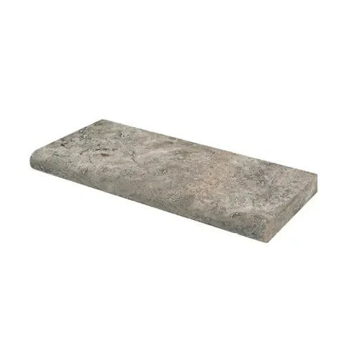 Silver Travertine 12×24×1¼ tumbled bullnose pool coping.