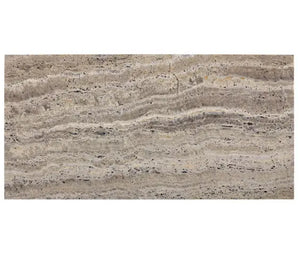 Silver Travertine 12x24 Tile – Vein Cut, honed/filled finish, silver-gray tones, perfect for walls, floors, and showers with linear patterns.