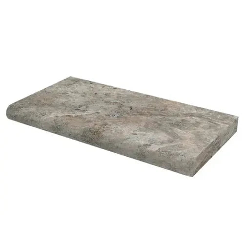 Silver Travertine 16×24×1¼ tumbled bullnose pool coping.
