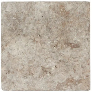 Silver Travertine 18x18 Tile – Tumbled finish, silver-gray tones, perfect for rustic floors, walls, and outdoor designs.