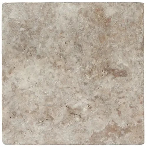 Silver Travertine 18×18 tumbled tile with rustic silver-gray texture.