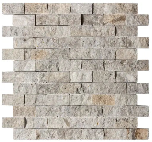 Silver Travertine 1x2 Split Face Mosaic Tile – Textured silver-gray tones, ideal for accent walls, fireplaces, and outdoor applications.