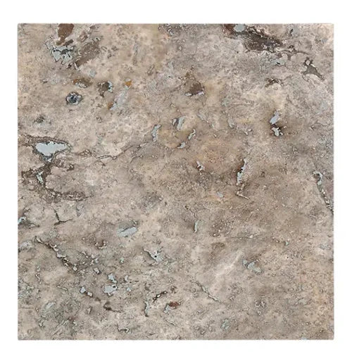 Silver Travertine 24×24 tumbled tile with softened texture and silver-beige variation.