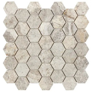 Silver Travertine 2-inch Hexagonal Mosaic Tile – Tumbled finish, silver-gray tones, ideal for walls, backsplashes, and shower floors.