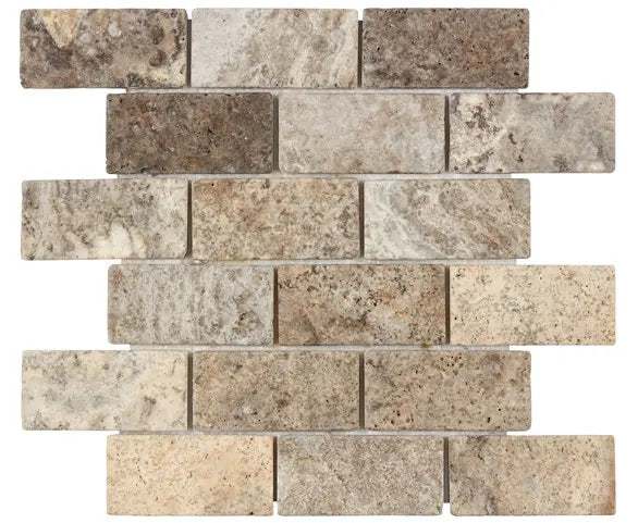 Silver Travertine 2x4 Mosaic Tile – Tumbled finish, silver-gray tones, ideal for walls, backsplashes, and accents.