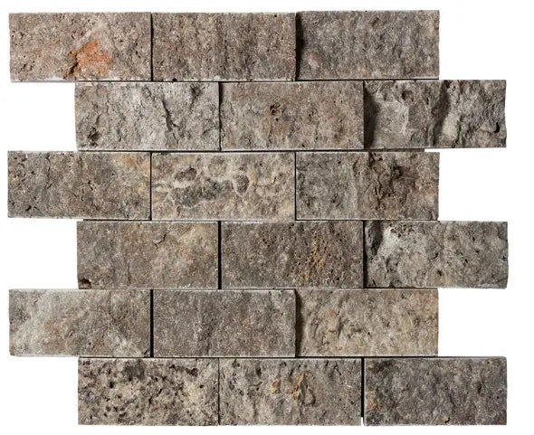 Silver Travertine 2x4 Mosaic Tile – Split face finish, textured silver-gray tones, perfect for feature walls, fireplaces, and accents.