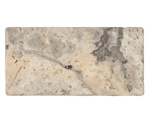 Silver Travertine Subway Tile – Tumbled finish, 3”x6”, silver-gray tones, ideal for walls, backsplashes, and showers.