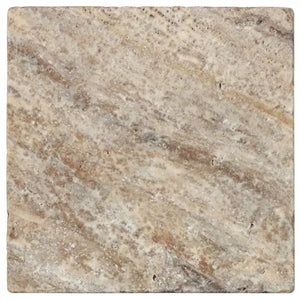 Silver Travertine 6×6 tumbled tile with cool gray and beige natural variation.