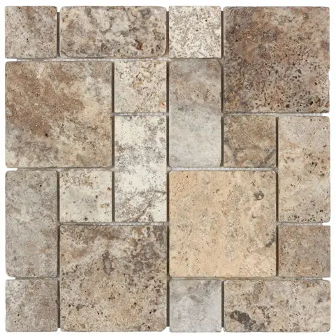 Silver Travertine Mini-Versailles Pattern – Tumbled finish, available in interlocking and non-interlocking variants, silver-gray tones, ideal for floors and walls.