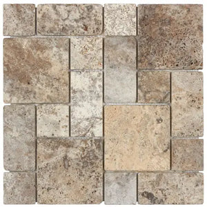 Silver Travertine Mini-Versailles Pattern – Tumbled finish, available in interlocking and non-interlocking variants, silver-gray tones, ideal for floors and walls.